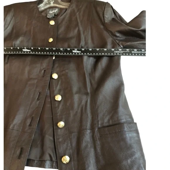 Spiegal size 14 brown leather jacket gold buttons pockets - Picture 8 of 12